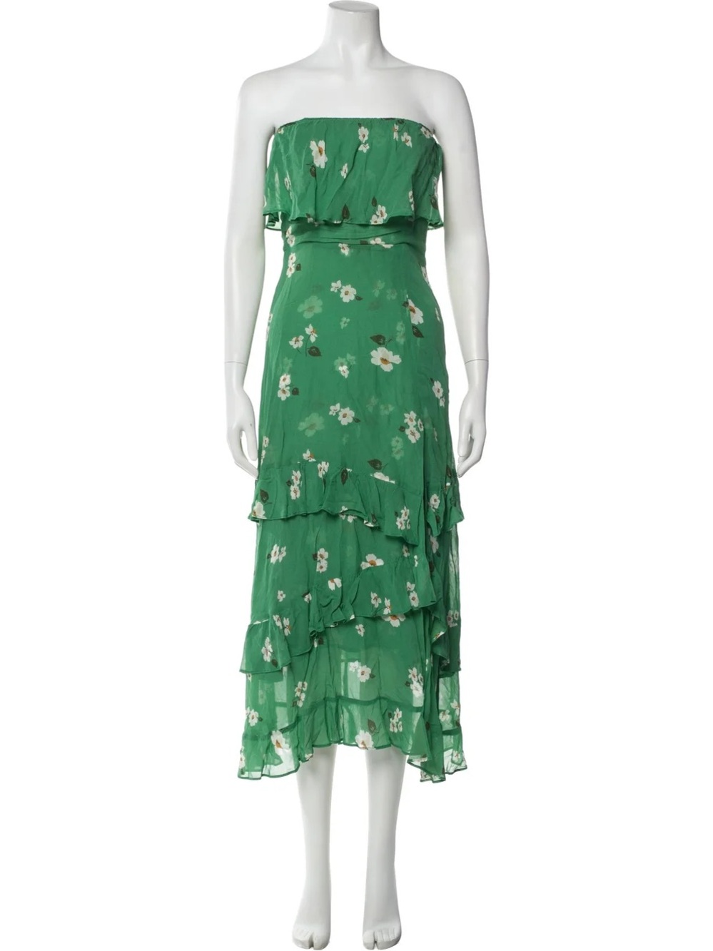 Reformation Green Floral Strapless Ruffled Midi Dress